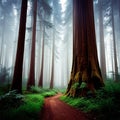 giant redwoods in a misty forest, with towering trees