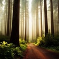 giant redwoods in a misty forest, with towering trees and lush vegetation, peaceful, serene