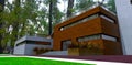 Giant relict trees above newly constructed house with wooden facade and white brick tile finishing. 3d rendering