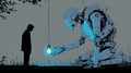 Giant Robot Offering Glowing Light Bulb to Human , symbolizing technology, innovation, and artificial intelligence. Royalty Free Stock Photo