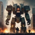 Giant robot rampage, Massive robotic behemoth rampaging through a cityscape as military forces mobilize to stop it1 Royalty Free Stock Photo
