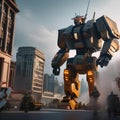 Giant robot rampage, Massive robotic behemoth rampaging through a cityscape as military forces mobilize to stop it5 Royalty Free Stock Photo