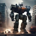 Giant robot rampage, Massive robotic behemoth rampaging through a cityscape as military forces mobilize to stop it4 Royalty Free Stock Photo