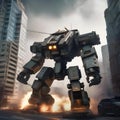 Giant robot rampage, Massive robotic behemoth rampaging through a cityscape as military forces mobilize to stop it3 Royalty Free Stock Photo