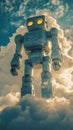 Giant robot standing in clouds, futuristic scene. Science fiction and imagination concept