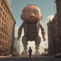 A giant robot walking around the city. Royalty Free Stock Photo