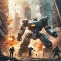 Giant robots fighting in a futuristic city