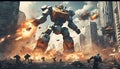 Giant Robots Fighting in a Futuristic City with Humans Royalty Free Stock Photo