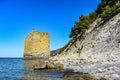 Giant sail-like rock named Parus on Black Sea coast of Caucasus Mountains, Gelendzhik, Russia. Royalty Free Stock Photo