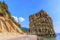 Giant sail-like rock named Parus on Black Sea coast of Caucasus Mountains, Gelendzhik, Russia. Scenic landscape at sunset