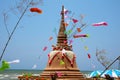 Giant sand pagoda and flags was carefully built, and beautifully decorated in Songkran festival Royalty Free Stock Photo