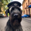 Giant Schnauzer, a large bearded black dog wearing a black police hat and cap.