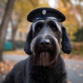 Giant Schnauzer, a large bearded black dog wearing a black police hat and cap.