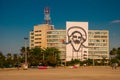 Giant sculpture of Fidel Castro on facade of Ministry of Interior at Plaza de la Revolucion. Revolution Square in Vedado district