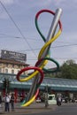 The giant sculpture of a needle and threat in Piazza Cadorna in Milan