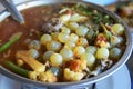 Giant sea catfish eggs with spicy sour soup and vegetable