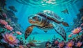 A giant sea turtle swims among corals and flowers. Royalty Free Stock Photo
