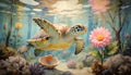 A giant sea turtle swims among corals and flowers. Royalty Free Stock Photo