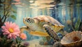 A giant sea turtle swims among corals and flowers. Royalty Free Stock Photo
