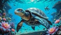 A giant sea turtle swims among corals and flowers. Royalty Free Stock Photo