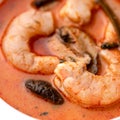 Giant shrimp in soup, close up shot. Seafood plate in asian restaurant. Template for design of restaurant menu and Web Royalty Free Stock Photo