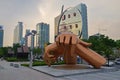 Gangnam Style statue built in South Korea capital city Seoul during sunset