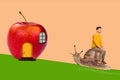 Giant snail collage picture artwork of young upset funny man riding to apple abstract home moving isolated over beige