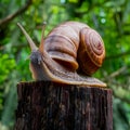 Giant snail perched on tree stump, showcasing its impressive size Royalty Free Stock Photo