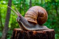 Giant snail perched on tree stump, showcasing its impressive size Royalty Free Stock Photo