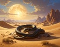 Giant Snake Coiled in Desert Under a Full Moon Royalty Free Stock Photo