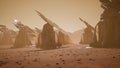 Giant solar panels on the surface of Mars during a dust storm. Panoramic landscape on the surface of Mars. 3D Rendering