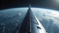 Giant space elevator pierces Earths atmosphere. Futuristic transport structure extends skyward into deep space. Orbiting view Royalty Free Stock Photo