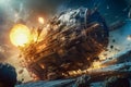 Giant space ship being damaged after a space battle. Royalty Free Stock Photo