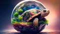 Giant space turtle carrying earth on its back is wandering in space. Generative AI