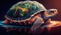 Giant space turtle carrying earth on its back is wandering in space. Generative AI