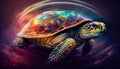 Giant space turtle carrying earth on its back is wandering in space. Generative AI