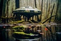 Giant spaceship abandoned in the ground in the middle of the swamp. Generative AI