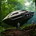 Giant spaceship abandoned in the ground in the middle of the swamp. Generative AI