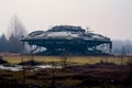 Giant spaceship abandoned in the ground in the middle of the swamp. Generative AI