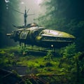 Giant spaceship abandoned in the ground in the middle of the swamp. Generative AI