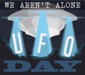 Giant Spaceship with Beams Levitating Above UFO Day Sign, Vector Illustration Royalty Free Stock Photo