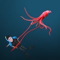 Giant Squid catching a scuba diver. Royalty Free Stock Photo