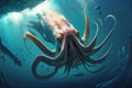 a giant squid swimming through the ocean, its tentacles undulating hypnotically.