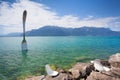 Giant steel fork in water of Geneva lake, Vevey, Switzerland Royalty Free Stock Photo