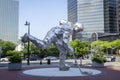 Giant steel hockey player sculpture at the New Jersey Devils Championship Plaza outside the Prudential Center