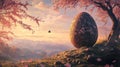 Giant Stone Egg in a Dreamlike Spring Landscape at Sunrise Royalty Free Stock Photo