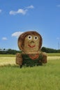 Giant straw doll with painted clothes in a harvested field