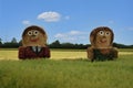 Giant straw dolls with painted clothes in a harvested field