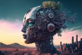 A giant surreal super human head that incorporates complex mechanical parts. Created with Generative AI