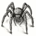 giant tarantula spider, scary black hairy predatory spider, black and white drawing, engraving